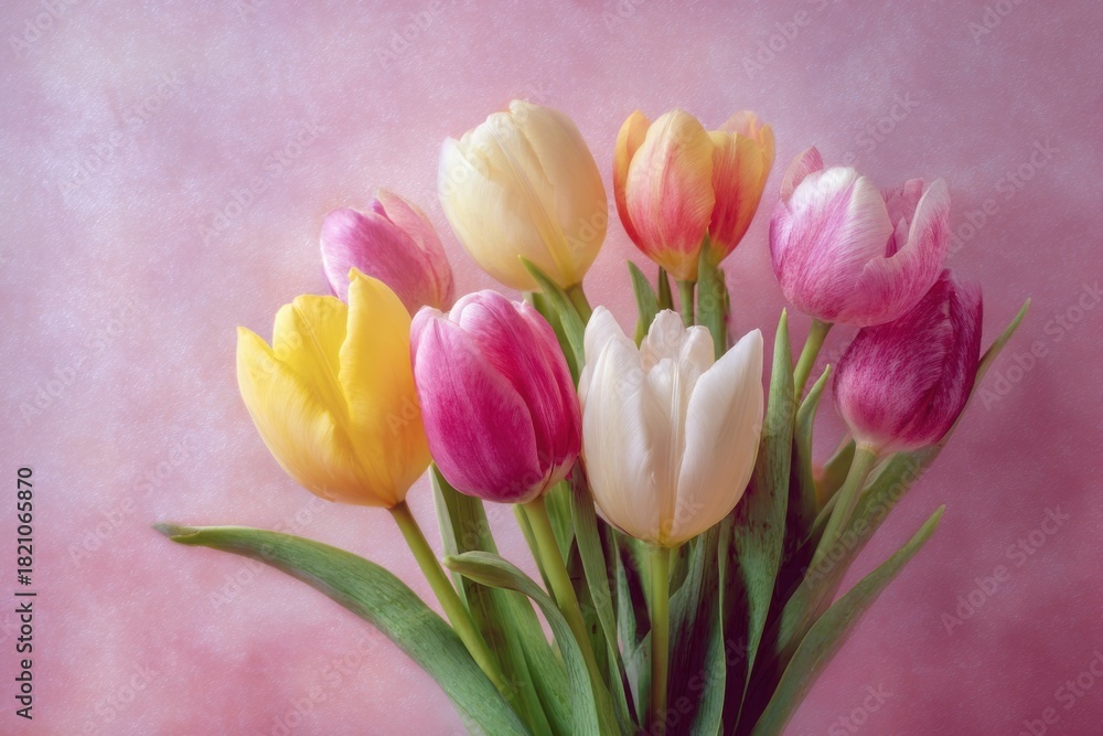 Obraz premium Elegant bouquet of vibrant tulips in soft hues on textured pink background, perfect for romantic and cozy decor, ideal for floral enthusiasts and event planners