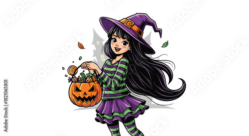 Delightful witch girl carrying a pumpkin full of candy, perfect for Halloween promotions and festive designs for fall celebrations