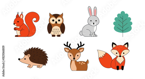 Cartoon forest animals illustration squirrel owl rabbit fox deer and more