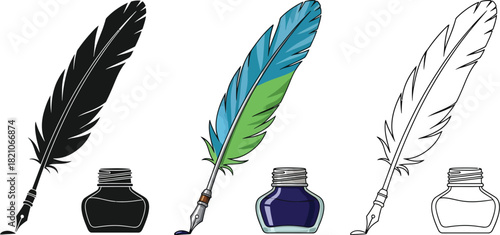 Set of three quill pens with ink pots in black silhouette, color illustration, and outline drawing style