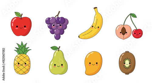 Cartoon fruits collection vibrant colors and cheerful expressions on white backdrop