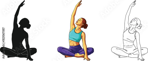 Set of three yoga pose illustrations showing a woman meditating or stretching in a seated position with one arm raised