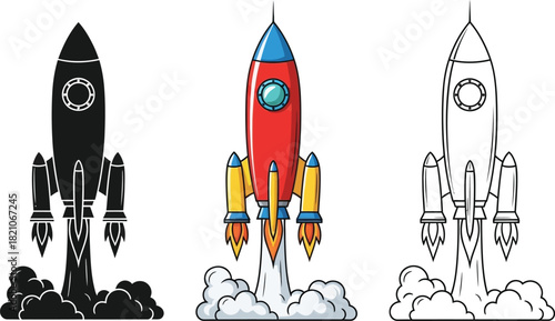 Set of three cartoon rocket ship launch variations including silhouette color and outline drawing
