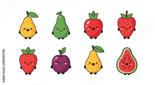 Cartoon fruits collection with happy faces and vibrant colors on white background