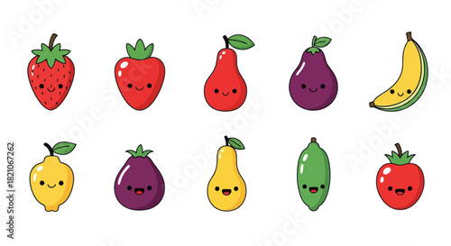 Cartoon fruits collection with happy faces colorful design elements