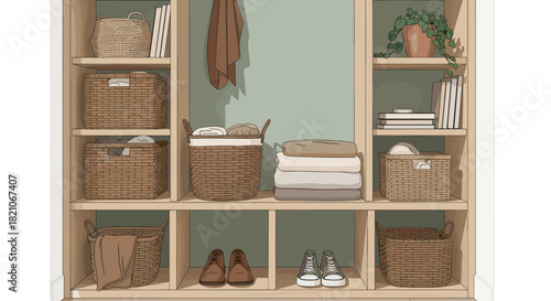 Stylish organized closet showcasing woven storage baskets, folded towels, and shoes for an elegant and functional home design inspiration