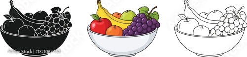 Collection of three fruit bowl illustrations showing black silhouette, full color, and outline drawing styles