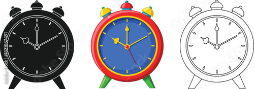 Set of three alarm clock icons showing different styles solid black silhouette, colorful illustration, and simple outline drawing