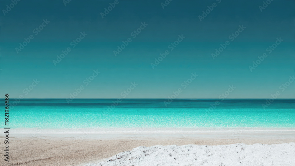 Obraz premium A tranquil minimalist seascape featuring a vibrant turquoise ocean meeting a white sandy beach under a serene teal sky.