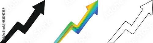 Set of three upward trending line graph arrows showing growth, progress, and positive direction in black, colorful gradient, and outline style