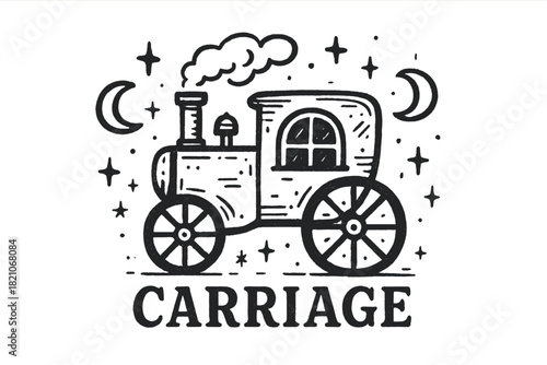 Steampunk Carriage Design. Hand-drawn steam-powered carriage with moons, wheels, and sparkles, center word “Carriage” in black and
