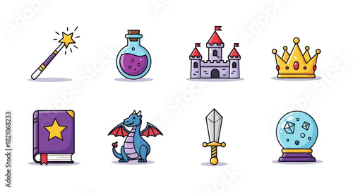 Cartoon magic icons set fantasy elements of wizardry adventure and fairytale