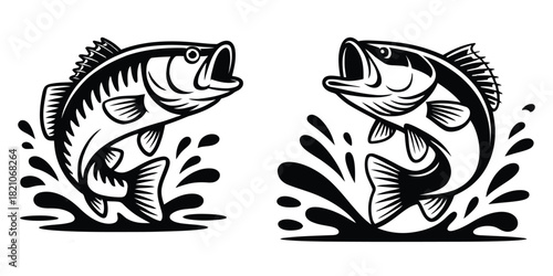 Jumping Largemouth Bass Fish Logo Design: Vector Illustration of a Game Fish with Mouth Open and Water Splash, Ideal for Fishing Club or Tournament Emblem.