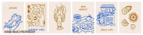 Dolce Vita summer holiday cards set. Doodle-style drawn Italian seaside vacation, poster designs with sea food, seashells, lobster, cheese. Vertical backgrounds, sketch drawings. Vector illustration.