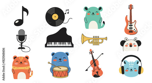 Cartoon musical instruments and animal characters on white background