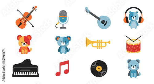 Cartoon musical instruments and cute bear characters illustration