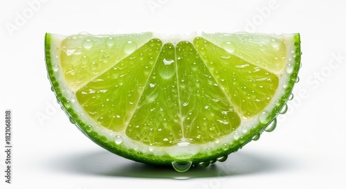 A close up shot of a green lime wedge covered in water droplets against a white background surface view