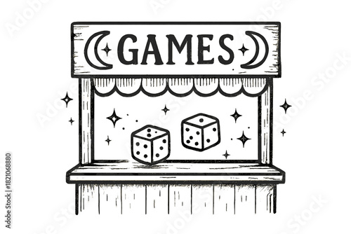 Games and Celestial Dice. Hand-drawn games stand with moons, dice, and sparkles, center word “Games” in black and white isolated