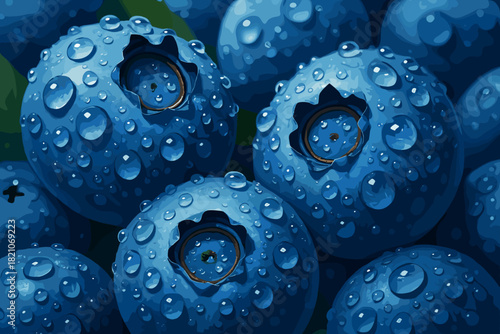 Dewy Blueberries Macro. Macro shot of fresh blueberries covered in dewdrops, vector illustration vibrant rich tones, soft natural