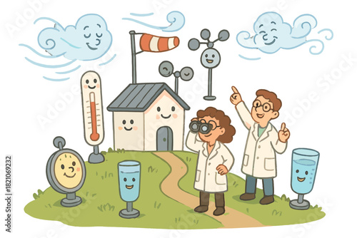 Cheerful Weather Station. Weather station on a hill with smiling instruments, playful winds, and cheerful scientists watching the