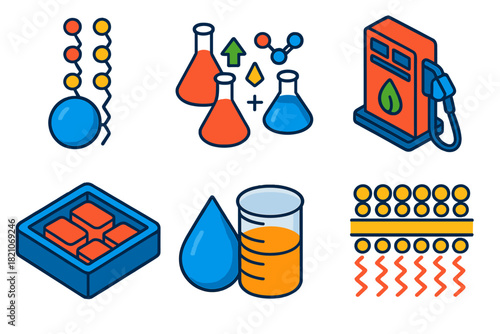 Oleochemistry Isometric Icons. Isometric vector illustration set Oleochemistry: triglyceride molecules, soap molds, esterification