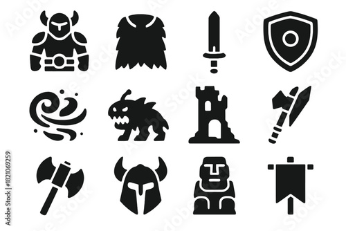 Space Barbarians Icons. Solid style icons of Space Barbarians: Warrior, Fur Cape, Long Sword, Shield, Sandstorm, Alien Beast,