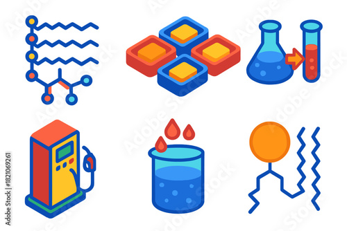 Oleochemistry Isometric Icons. Isometric vector illustration set Oleochemistry: triglyceride molecules, soap molds, esterification