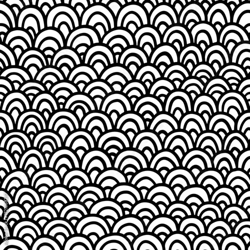 Handdrawn monochrome scallop wave seamless pattern for modern textile packaging stationery and stylish branding