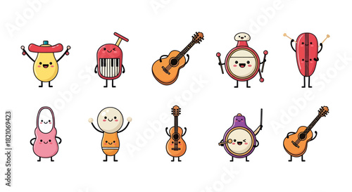Cartoon musical instruments with faces isolated on white background