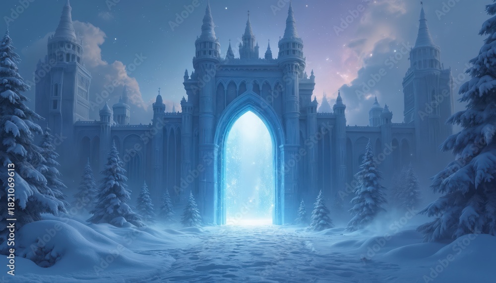Naklejka premium Majestic ice castle with glowing magic portal stands in winter forest. Gate opens entrance to another world dimension. Fantasy kingdom fortress in snowy landscape with fir trees under starry night