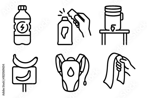 OCR Hydration Essentials. Line style icons of OCR energy and hydration: electrolyte bottle, gel pack tear, water station jug,