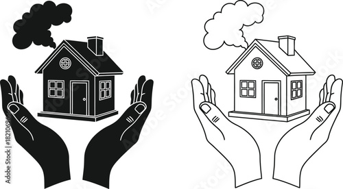 Hands carefully holding miniature homes with smoke rising from chimneys