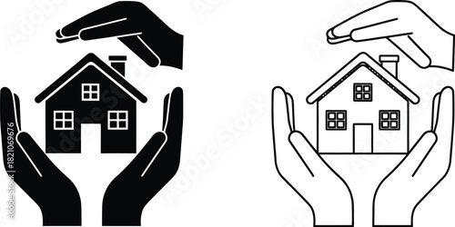 Protecting our homes two hand icons offering safety and shelter