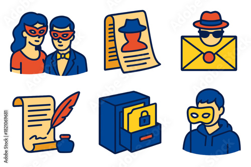 History of Anonymity Icons. Isometric vector illustration set History of anonymity: masked ball attendees, pseudonymous