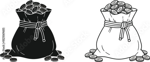 Two sketch bags overflowing with coins a visual representation of wealth