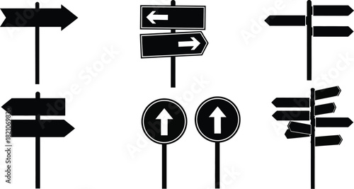 Collection of various black directional signpost icons and symbols on white background