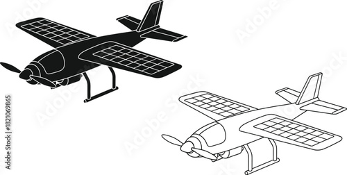 Sketch of a small airplane with solar panels on its wings presented twice