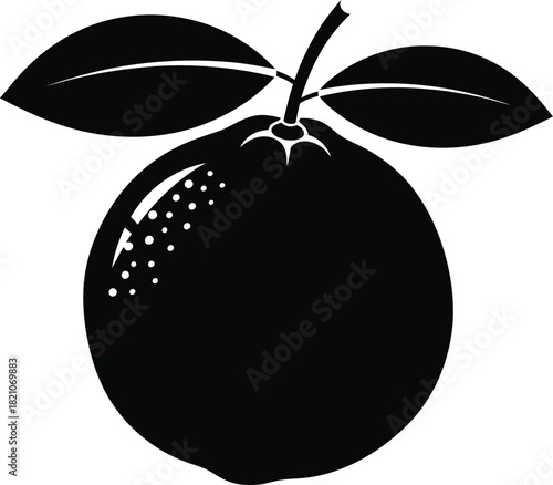 Simple black and white illustration of a lemon with leaves and stem