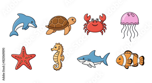 Cartoon ocean creatures dolphin turtle crab jellyfish starfish seahorse shark fish