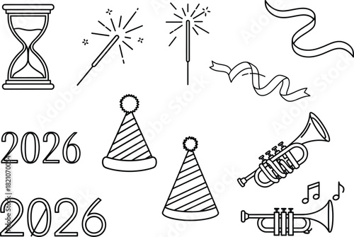 Hand Drawn Black and White Doodle Icon Set for New Year 2026.