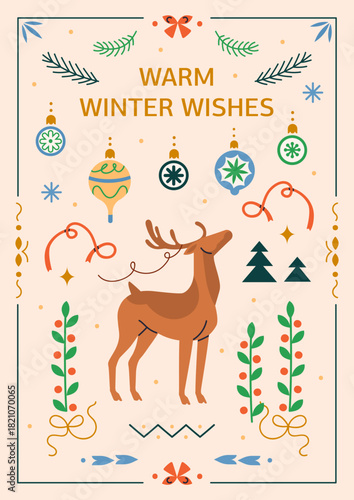 Winter holiday greeting card. Festive Christmas and New Year poster design with typography, reindeer, baubles, ornaments, seasonal symbols in Scandinavian retro style. Flat vector illustration.