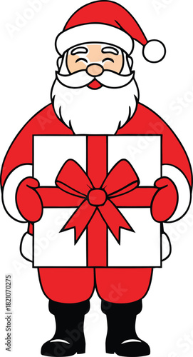 Santa Claus vector illustration standing and cheerfully holding a large white gift box wrapped with a big red ribbon and bow.