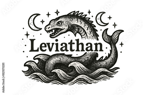 Leviathan and Moons. Hand-drawn leviathan with moons, waves, and sparkles, center word “Leviathan” in black and white isolated
