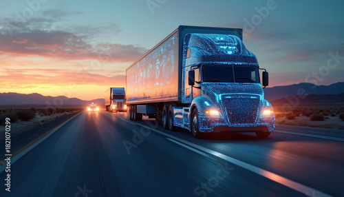 Autonomous trucks drive on highway at sunset. Digital data streams cover vehicles, showing smart logistics and futuristic transport. Fleet moves on road across desert.