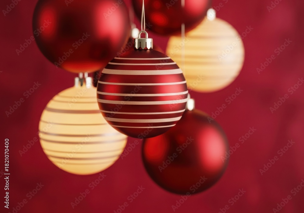 Fototapeta premium Festive red and cream striped holiday ornaments hanging