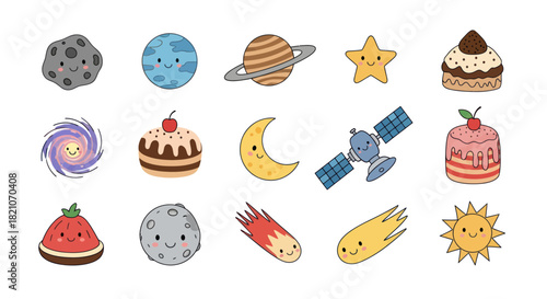 Cartoon planets and celestial bodies with smiling faces for education