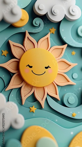 A cheerful, anthropomorphic sun character with closed eyes and a smile, surrounded by stylized clouds and stars in a layered, paper-like art style. The backgrou