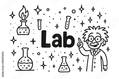 Whimsical Science Lab. Doodle mad scientist lab with stars, potions, and sparkles, center word “Lab” in black and white isolated