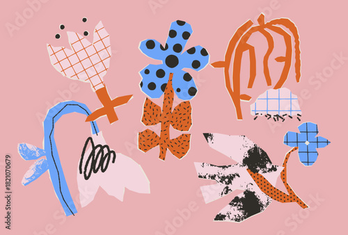 A bold naive floral illustration set with quirky shapes, graphic textures and contrasting colors. Hand-drawn abstract flowers perfect for branding, packaging, prints, stickers, social media 