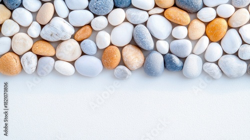 A collection of smooth, rounded pebbles in various natural colors like white, grey, blue, and orange, arranged in a decorative border across the top of a textur